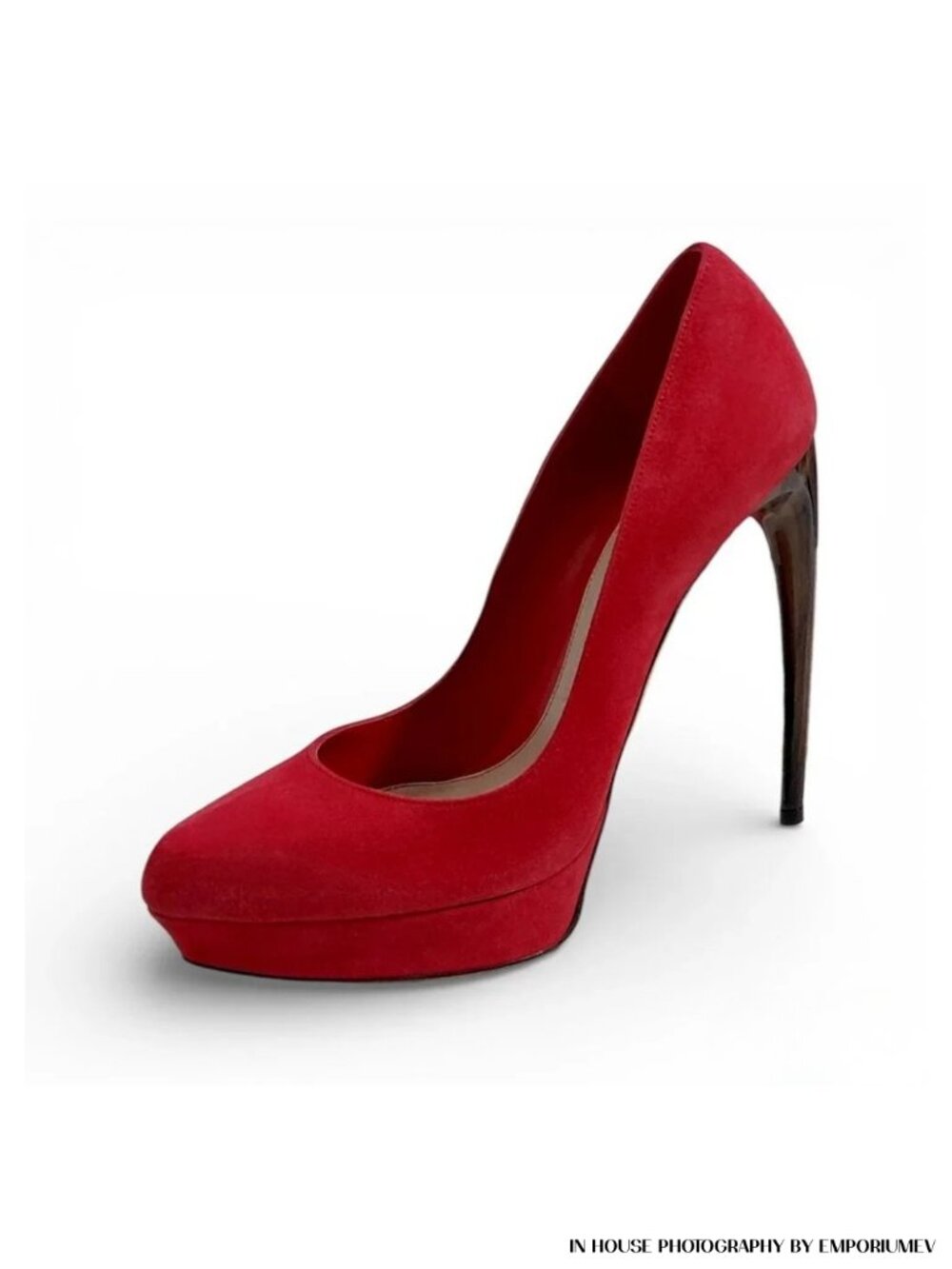 Alexander McQueen Red Suede Black Horn Platform Pumps Size EU 38 5 0560